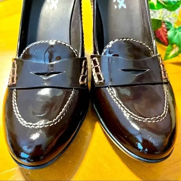 NEW GEOX RESPIRA BROWN/BURGUNDY PATENT LEATHER LOAFER HEELS EU 36 / US 6